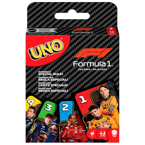 Mattel Games UNO F1 Kartenspiel für Kinder, Familien, Reise und Camping mit Bildern aus der Welt der Formel-1-Rennen, JMF10