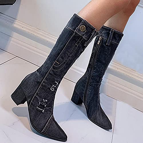 Hbeylia Knee High Jeans Tall Boots For Women Fashion Casual Punk Denim Pointed Toe Chunky Block Mid Heels Knee Length Long Boots Goth Winter Fall Dress Pump Boots For Ladies Night Party Favor3