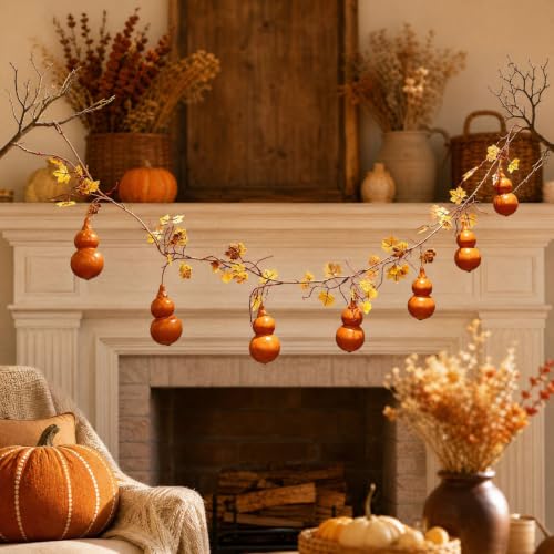 Harvest Fall Garland With 7 Cute Gourds, Thanksgiving Fake Vines With Gourd | Maple Leaves Hanging Thanksgiving Decorations Fall Decor Autumn Garland For Mantel Staircase Front Door, Farmhouse Home Decor - image 1