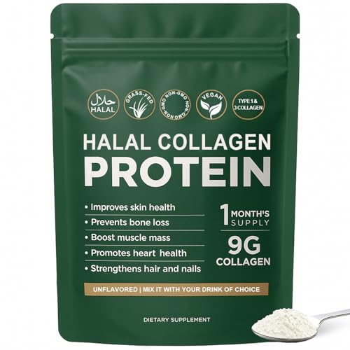 Halal Collagen Protein Powder - Pure Halal Collagen Peptides Grass Fed Organic Hydrolyzed Powder Skin Glows | Joints Support | Gut Support Non GMO Sugar Free Unflavoured 30 Servings