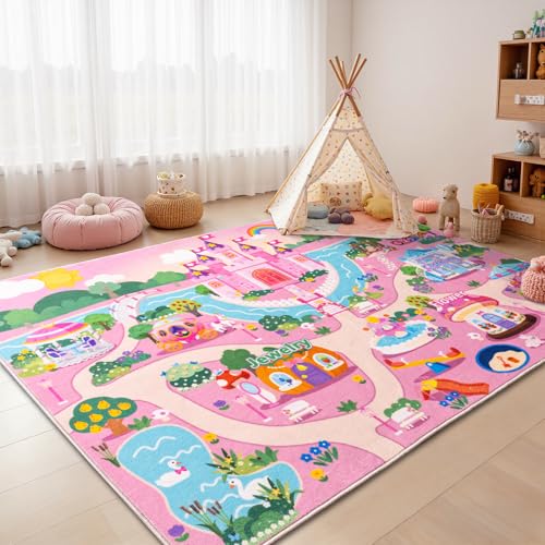 Arroganttiom Pink Castle Kids Rug for Playroom, Ultra Soft Low Pile Princess Playmat, Machine Washable Non-Slip Carpet for Girls Bedroom Nursery, 3x4ft