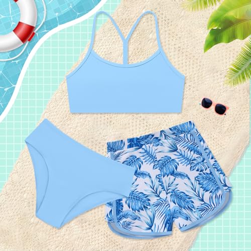 Image of Weixinbuy Girls 3 Piece Swimsuit Bathing Suits Solid Bikini Set with Printed Sports Shorts Swimwear for 9-16Y Teen Girls