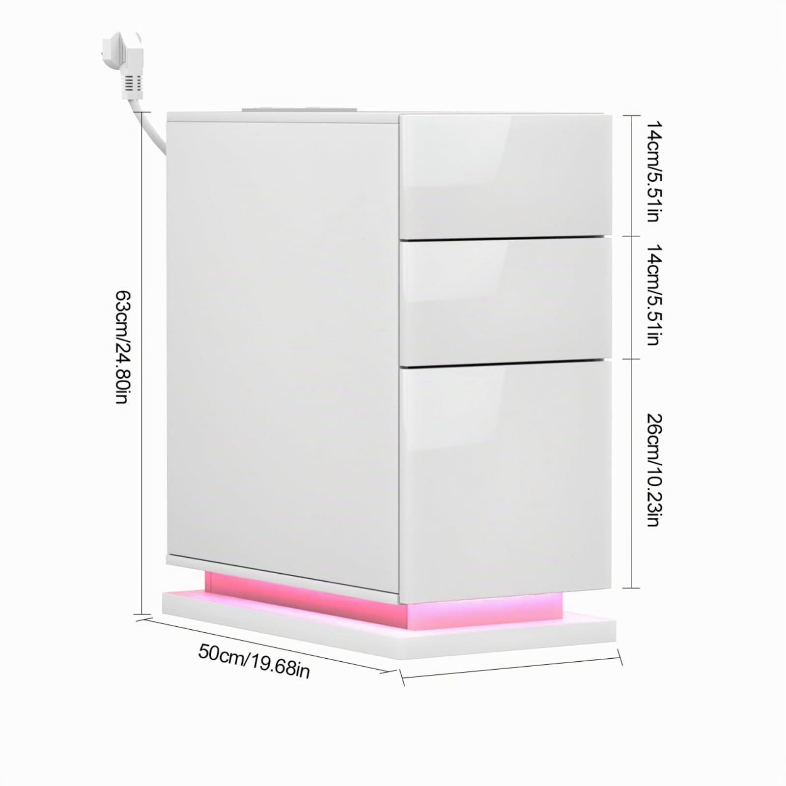 Juego de 2 Estrecha Mesilla de Noche con Estación de Carga y LED, Brillante Mesa Auxiliar con 3 cajones, para Dormitorio, Salón, Estudio, Blanco