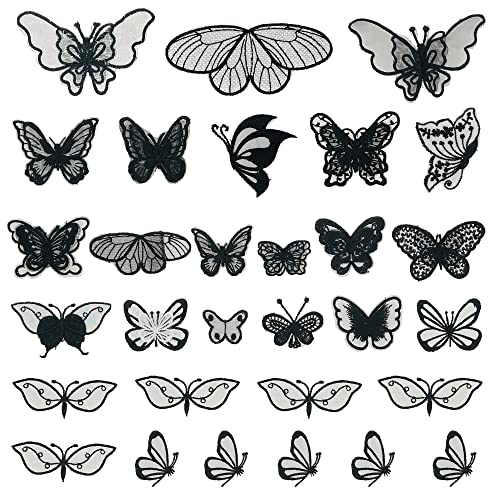Yayatty - 30 parches de encaje con diseño de mariposa para coser o planchar para bodas, vestidos de novia, costura, manualidades, ropa, adornos para el cabello (color negro)