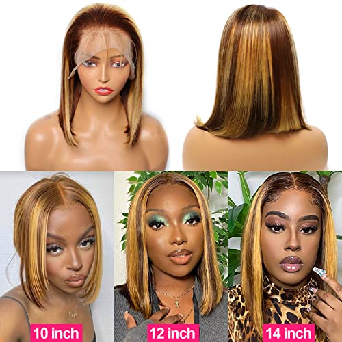 13X4 Hd Honey Blonde Bob Wig Human Hair 180% Density Highlight Ombre Lace Front Wig Human Hair Pre Plucked With Baby Hair 4/27 Short Straight Colored Lace Frontal Wigs For Black Women 12 Inch #TOP4