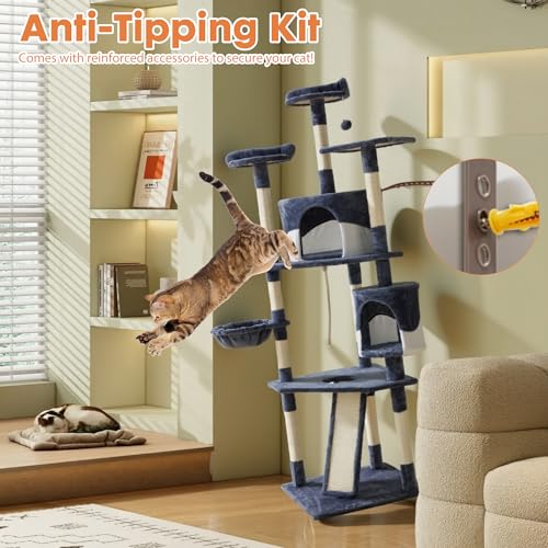Image of Sweetcrispy 79 inch Cat Tree Tower, Large Multi Level Cats Climbing Tower with Condo, Natural Sisal Scratching Posts, Extended Platform, Basket, Tall Pet Tree House for Indoor Cats Play, Dark Blue