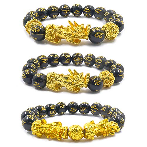 Betinyar 3 Stücke Pixiu-Armband, schwarze Feng Shui-Obsidian-Armbänder, mit vergoldetem chinesischem Heiligem Biest Pi Xiu ziehen Reichtum und viel Glück an, verstellbares elastisches Perlenarmband Cover