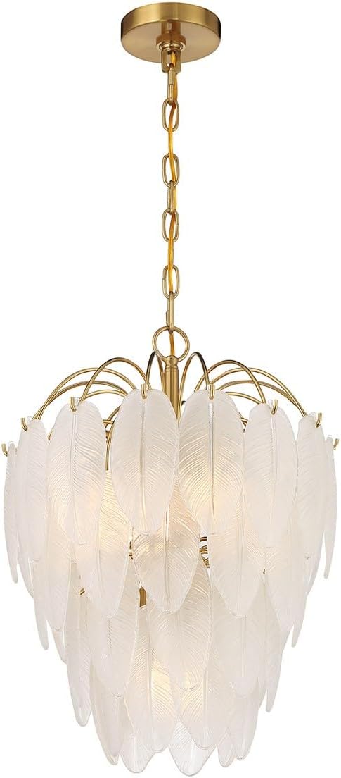 Savoy House 1-3507-5-322 Boa Mid-Century Bohemian Clear Frosted Glass Feather Chandelier by Breegan Jane, 5-Light 300 Total Watts, 22" H x 16" W, Warm Brass