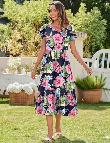 Image of Zeagoo Women Summer Midi A Line Dress Short Sleeve Casual Flowy Tiered Beach Long Sundress with Pockets 2026 Vacation Travel