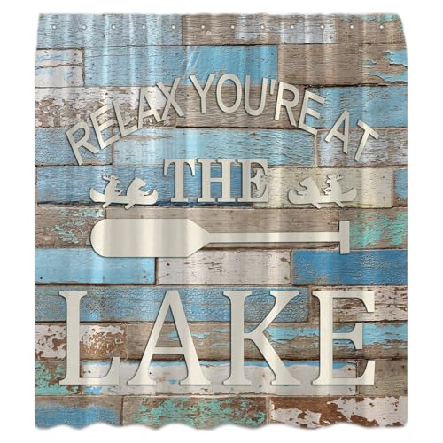 Lake Cabin Shower Curtain Rustic Lake House Camping Inspirational Quotes Farm Vintage Wooden Board Barn Door Lake Ruler Country Lodge Bath Curtain