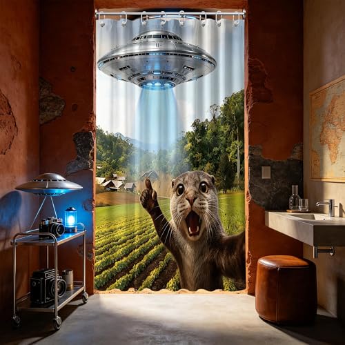 Image of Small Stall Narrow Shower Curtain 48 x 72 Inch Funny Otter Stand Up Carzy Animal Shower Curtains for Rv Camper Bathroom Decor Sets, Waterproof Cloth Fabric with Hooks
