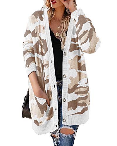 Ybenlow Womens Open Front Camouflage Cardigan Sweaters Oversized Chunky Button Down Knit Sweater Tops with Pockets