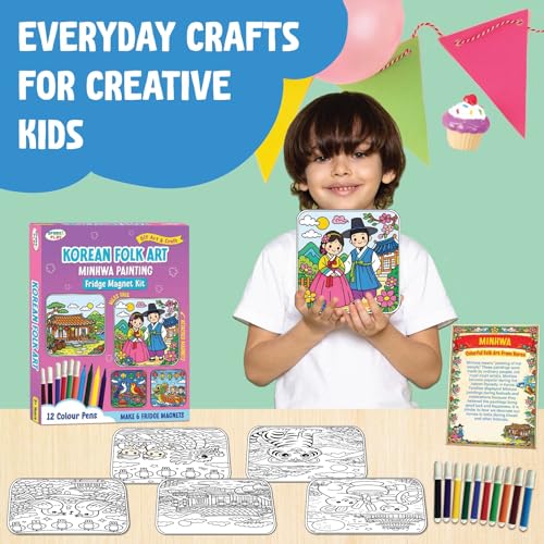 Image of SparkLPlay DIY Craft Kit for Kids - Korean Minhwa Art. Coloring Set with 6 Fridge Magnet Cutouts, 12 Color Pens. Mess Free. Gift for Kids.