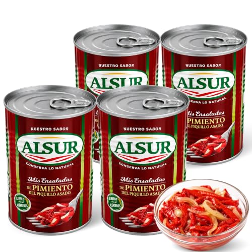 Ensalada Pimiento del piquillo Asado, Pimientos en tiras en lata, alimento rico en fibra y vitamina C, Peso Neto por lata 410 gr, Peso escurrido 355 gr, Pack de 4 latas de 410 gr