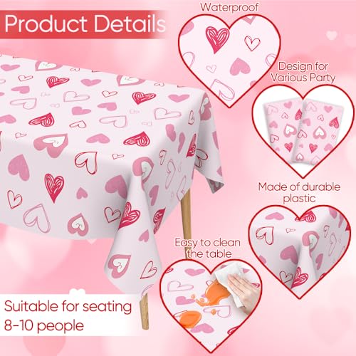 Image of Valentines Tablecloth, 6Pack Valentines Day Tablecloth Decorations, 54x108 Inch Pink Heart Valentine Table Cloth Rectangle Disposable Table Cover for Valentine's Day Anniversary Wedding Party Supplies