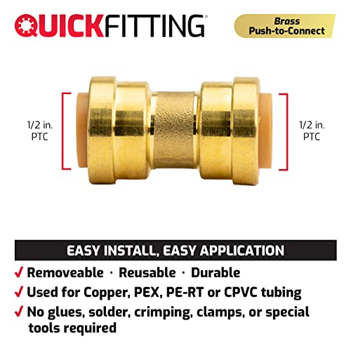 Quick Fitting 1/2 Inch Push On Coupling | Push To Connect Plumbing Pipe Fitting With Removal Tool | Straight Coupling For Copper, Pex, Pe-Rt And Cpvc | Lead-Free Brass Fitting | 5-Pack #TOP1