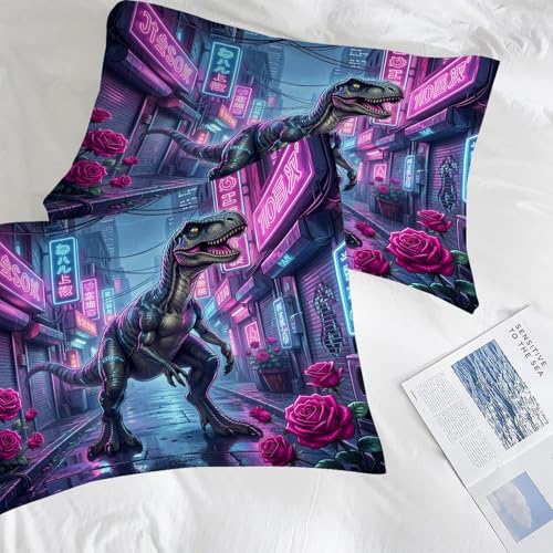 Image of Cyber City Dinosaur Comforter Set Queen Size Neon Rose Dino Bedding Sets for Kids Teens Boys Girls Bedroom Pink Blue T-Rex Animal Quilt 1 Comforter 2 Pillowcases