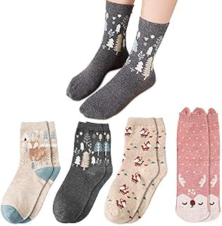 Womens Socks 4 Pairs, Multipack Ladies Fluffy Cotton Socks with Funny Cute Funky Animal Fox Print, Novelty Thick Warm Thermal Winter Odd Socks Christmas Gifts for Girls Women Size 4-7