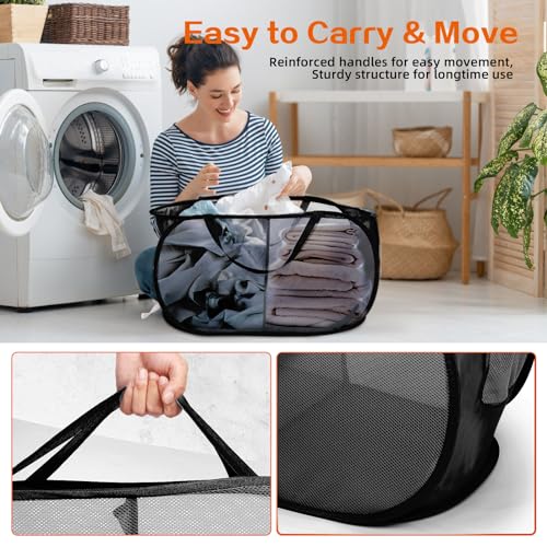 Image of Foldable Laundry Baskets, Collapsible Mesh Laundry Hamper, Durable Pop Up Laundry Basket, 2 Compartments Clothes Hampers for Laundry, Easy to Carry & Sort for Dorm, Home, Kids Room, Travel Black