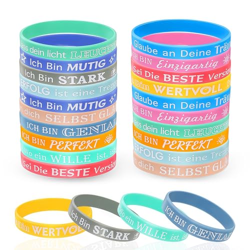 24 Stück Motivationsarmbänder, 20cm Silikon Armbänder, Inspirierende Silikon Armbänder mit Positiven Sprüchen Motivierende, Einschulung Geschenk für kinder, Abschiedsgeschenk Schüler Grundschule