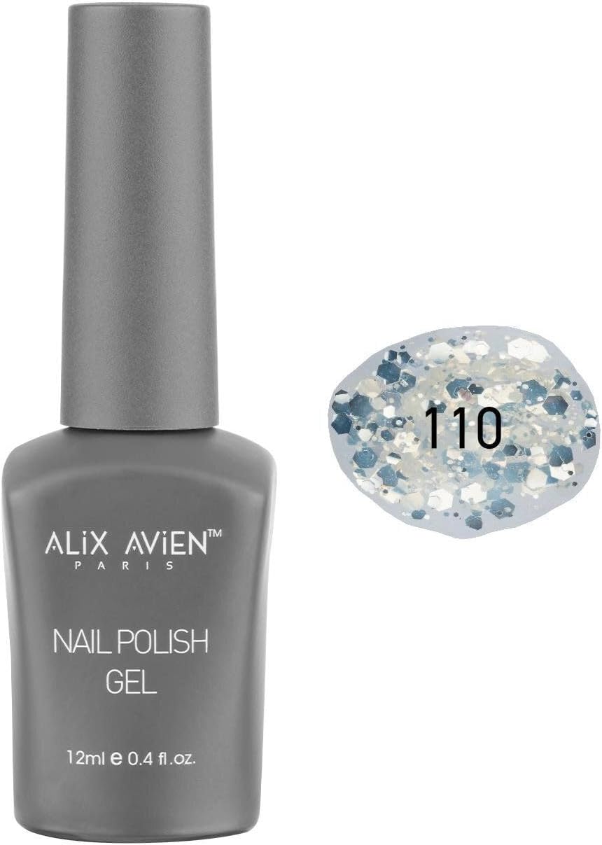 ALIX AVIEN Transparent Permanent Nail Polish with Silver Sparkle 110-Gel Nail Polish with Intensive Color 12 ml-Nail UV Gel Polish 110
