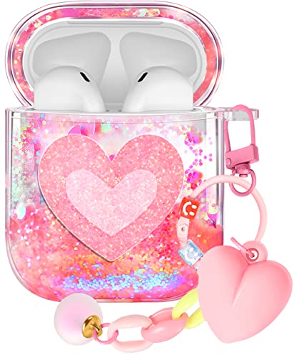 Kokaaee for Apple for Airpod 2/1 Case - Kawaii Cute Girly Aesthetic Girls Women Protector Liquid Glitter Bling Sparkly Design Keychain Cover Funda for Air Pod 2nd Generation & 1st Gen, Hearts