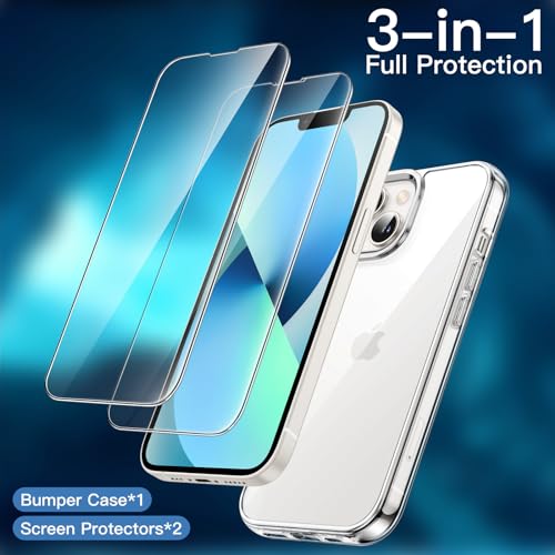 JETech 3 in 1 iPhone 13 6.1 インチ用 ケース 2枚強化ガラスフィルム付き 黄ばまない 耐衝撃バンパー スマホカバー (クリア)