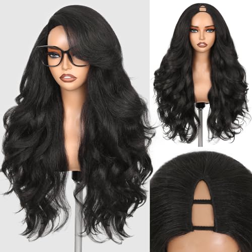 WIGNEE Yaki Curly V Part Wig 26 Inch Synthetic Half Wig Glueless U Part Wig with Filp Curls Curly Half Wigs For Black Women Daily Party Use(Natural Black)