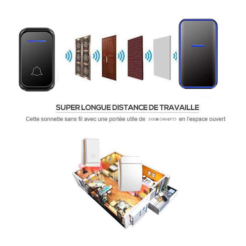 Timbres, Timbre inalámbrico 1T6R AC resistente al agua hasta 300 m, 38 tonos de llamada, LED azul intermitente, multicolor(White)