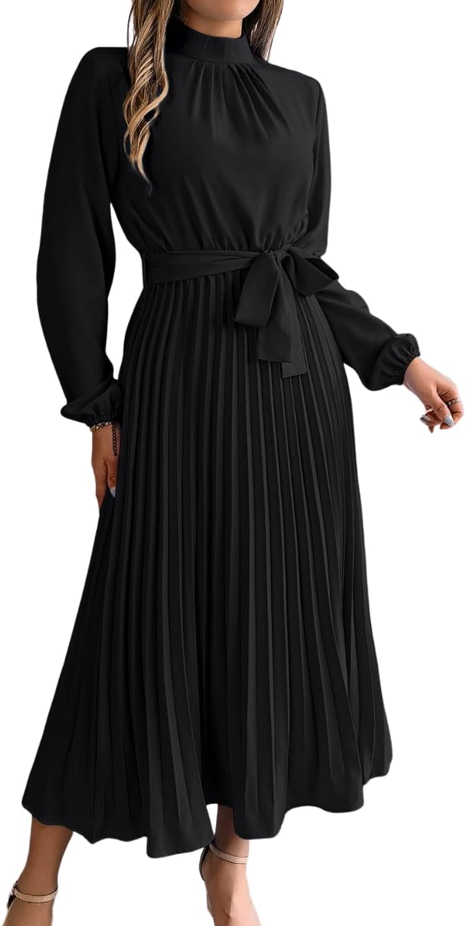 Pleated Maxi Dress, Mock Neck A Line, Fall Holiday, Long Sleeve Modest Business Casual Flowy Dresses for Women