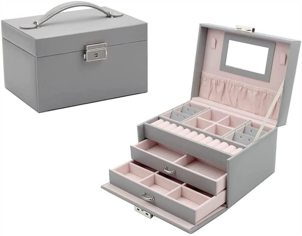 TIANQIHAO Pu Leather Jewelry Box Organizer, Portable Jewelry Box, Jewelry Box For Women Girls, 3 Layer Jewelry Organizer Box, Travel Jewelry Case,Gray