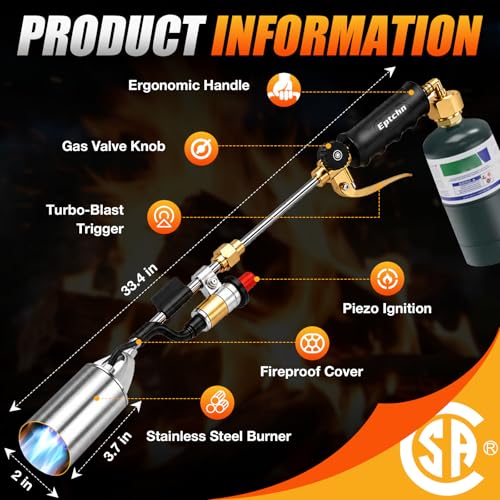 Image of Propane Torch Weed Burner, 33.4 inch Heavy Duty Propane Weed Torch with Push Button Igniter, Weed Torch Propane Burner for Weeds, Snow Melting, Roofing & Asphalt, Flame Thrower for Weeds