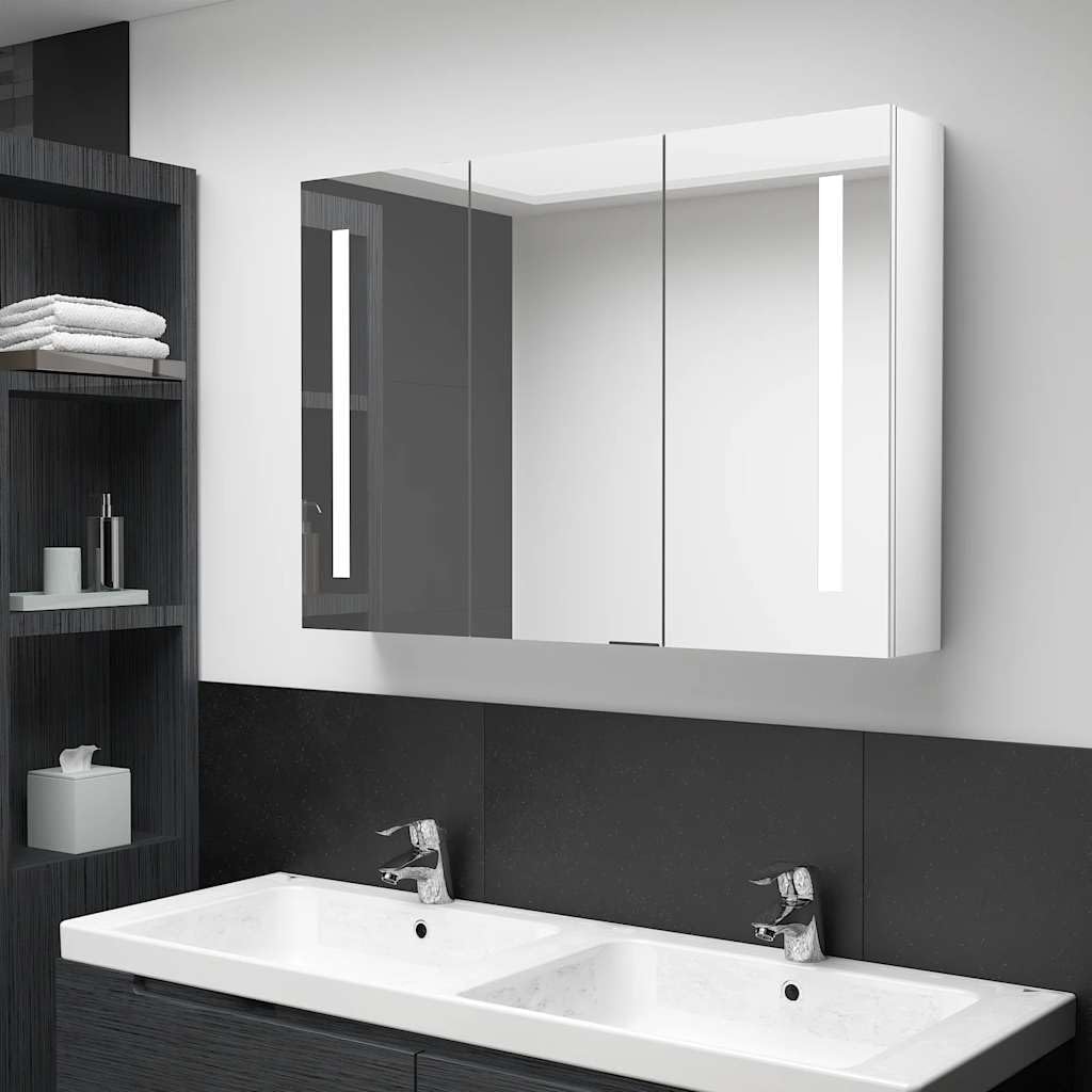 Shining White LED Bathroom Mirror Cabinet, Modern MDF Melamine Finish, 3-Door, 5-Shelf, 35" Rectangular Wall Mount for Restroom Vanity