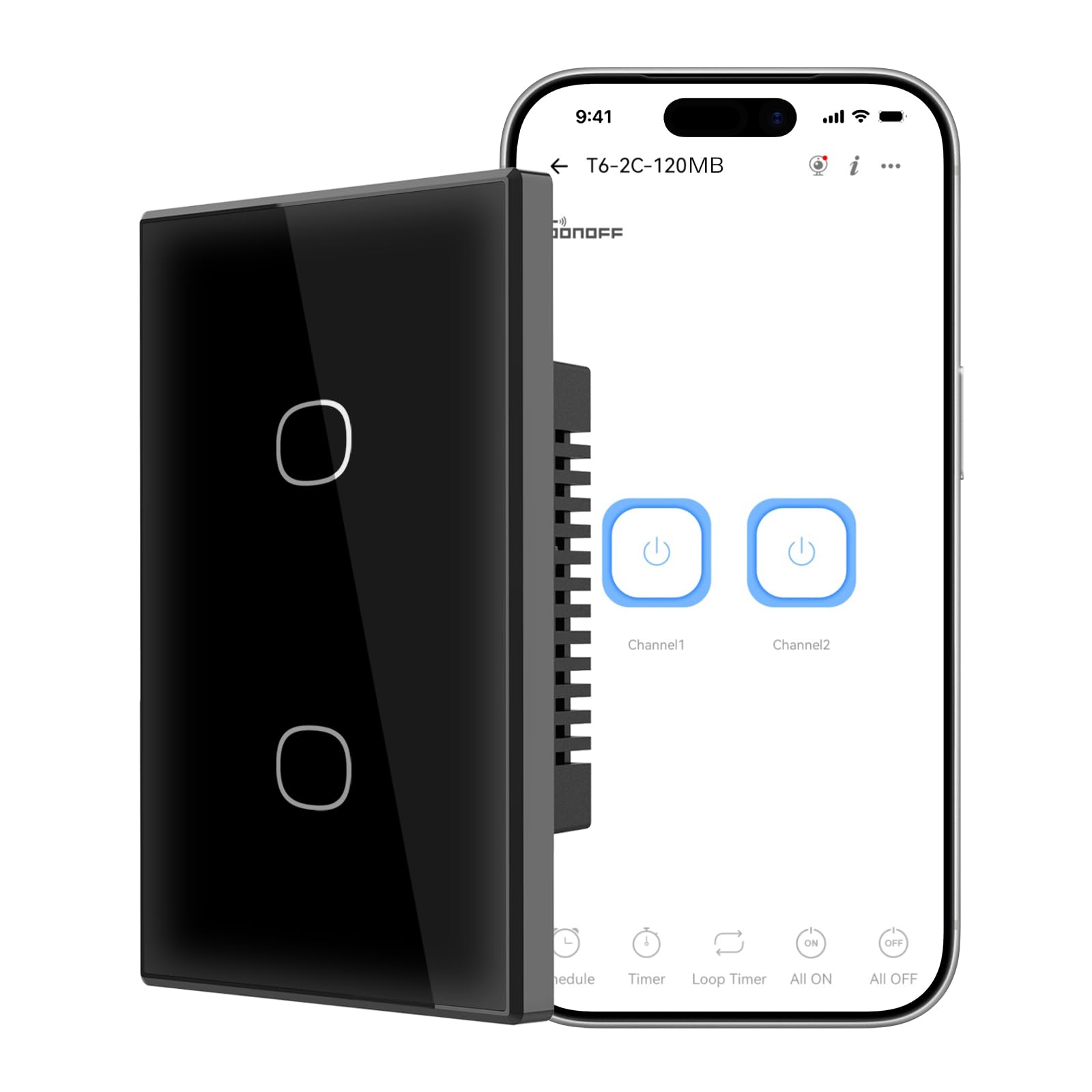 SONOFF TX Gen2 Interruttore Touch Intelligente per Parete: 2 Canali, Pannello Tipo 120, Wi-Fi 2.4GHz, Neutro richiesto, Compatibile con Matter, Apple Home/Google Home/Amazon Alexa, T6-2C-120MB