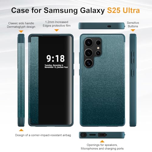 Image of Flip Case for Samsung Galaxy S25 Ultra Case S View, Frosted Translucent Window Clear View Folio Protective Phone Case, 360 Degree Full Body Shockproof Flip Cover Case for Samsung S25 Ultra 5G (Green)