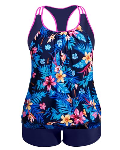 Image of Womens Plus Size Tankini Swimsuit Two Piece Tummy Control Bathing Suit | Blouson Racerback Tankini Top with Shorts, Double Up Design, Removable Pad