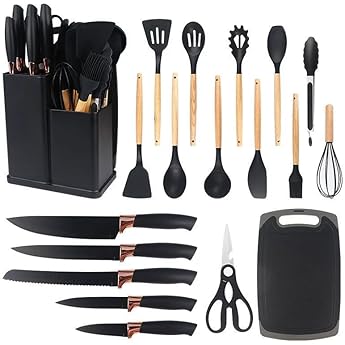 Deronder Kitchen Utensil Set, Cookware Tool Set, Silicone Utensils, 19 Piece Set, Non-Stick Cooking Spatula, with Storage, Combination Set, Silicone Material, Food Grade Cutting Board, Kitchen Tool