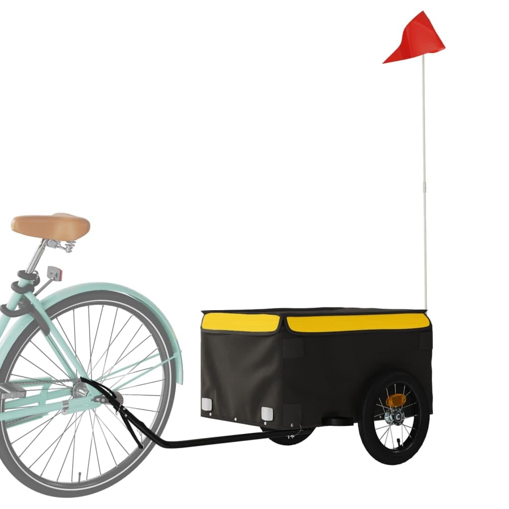 Przyczepa rowerowa, czarna, niebieska, żelazna z dyszlem, flagą bezpieczeństwa i reflektorem, do transportu, zakupów, wycieczek rowerowych, do miasta, na zewnątrz, do codziennego użytku