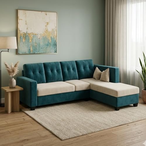 Image of FURNY Nathan 5 Seater L Shape Sofa Set RHS (Green Teal-Cream) | Suede Velvet Finish | Durable Comfort Sofa for Modern Living Room & Office Spaces
