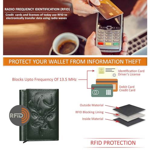 Image of Men's Genuine Leather RFID Wallet | Premium Slim Red Wallet for Men with Deer 3D Print | 8 Card Slots Secure and Durable | Casual Stylish | Formal & Gifting Use, Golden (Green)