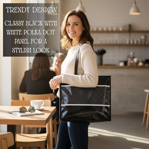 Image of Multipurpose Tote Bag - Black with White Dots | Large Waterproof PVC Mesh Picnic Bag | Reusable Shopping Bag for Groceries, Travel, Beach, Outdoor & Daily Use | Stylish Carry Handbag