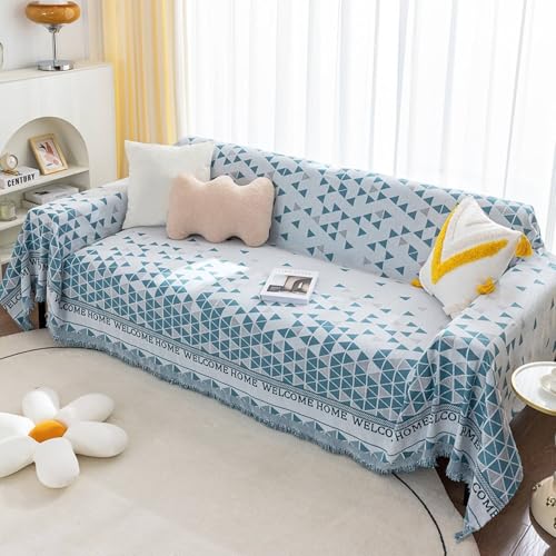 Skcess Outdoor Couch Cover, Blue Chenille Outdoor Couch Cover Triangle Geometric Lattice with Finged 4 Seater(180X420CM)