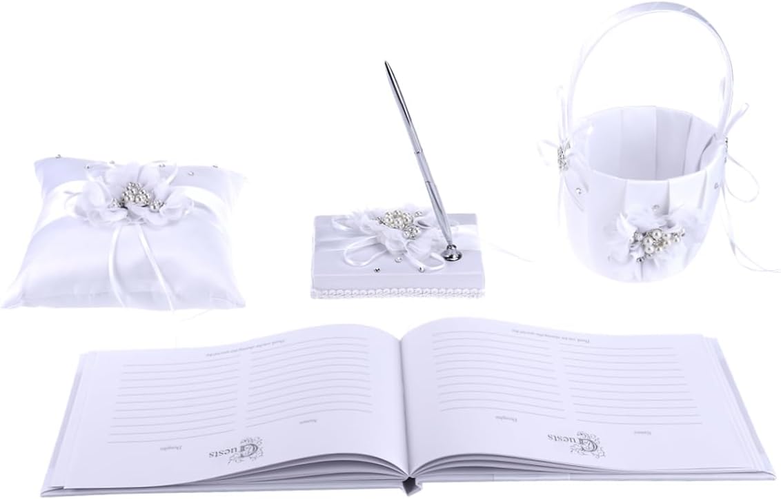 4pcs Wedding Ring Pillow White Girl Basket Girl Baskets Lace Party Signature Book Guest Book Alternatives Macrame Kits Decor Pillow Bride Autograph Bud