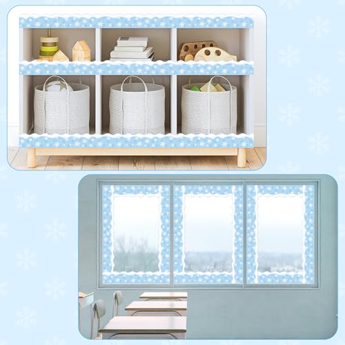 Image of BeYumi Winter Snowflake Border Trim - 65ft Winter Snowflake Scalloped Rolled Border Trim Light Blue Christmas Bulletin Board Borders School Classroom Office Chalkboard Decor Party Decoration