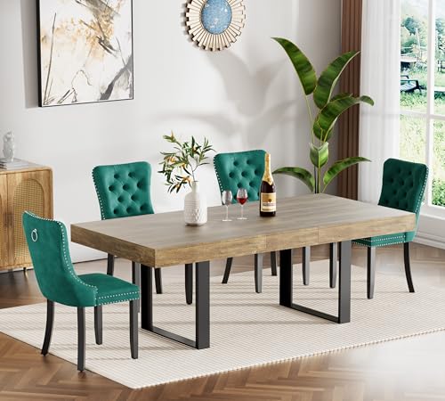 Image of Brown Dining Room Table Set for 4, 5-Piece 63 inch-78.74 inch Extendable Dining Table Set with 4 Upholstered Chairs, Rectangle Wooden Expanding Kitchen Table and Green Chairs Set