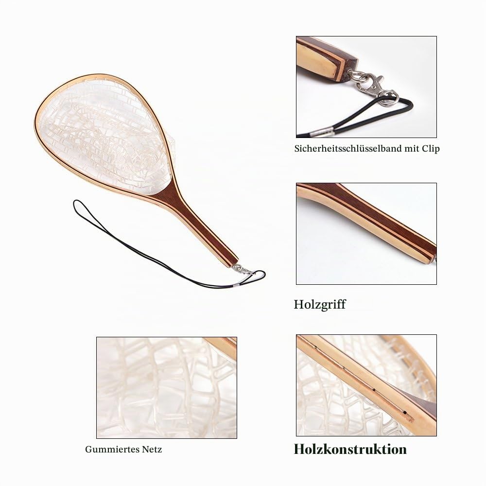 Lixada Fliegenfischen Kescher Holzgriff Rahmen Fang- und Entriegelungsnetz Tragbares leichtes Gummifischernetz, Länge: 60 cm
