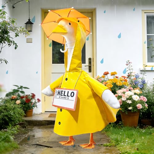 JarThenaAMCS Raincoat Porch Goose Outfits 23 Inch Yellow Cute Rubber Duck Raincoat Umbrella Hello Tag Lawn Goose Clothes Fits Cement Plastic Statue for Outdoor Garden Yard Patio Decoration