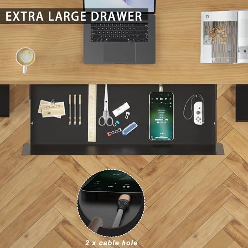 Image of Large Under Desk Mounted Sliding Drawer with 2 Cable Hole and 60 Degree Tilt Panel to Pull Out, 22.4'' Long & 9.2'' deep Large Storage Organizer for Sit Stand Workstation