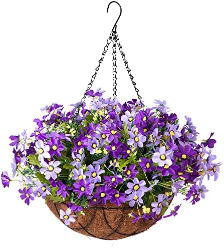 Artificial Hanging Flower in Basket for Outdoors Indoors Decor, Hanging Basket with Flower Arrangement, Fake Silk Daisys in 12 inch Coconut Lining Hanging Basket for Home Courtyard Decoration,(Purple)