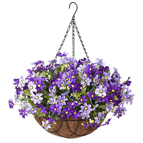 Artificial Hanging Flower In Basket For Outdoors Indoors Decor, Hanging Basket With Flower Arrangement, Fake Silk Daisys In 12 Inch Coconut Lining Hanging Basket For Home Courtyard Decoration,(Purple) #TOP9